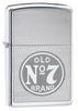 Vue de face 3/4 briquet Zippo chromé avec logo Jack Daniel's Old No 7