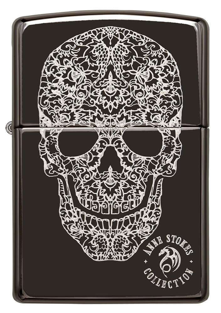 Vue de face briquet Zippo tête de mort en volutes gravées
