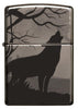 Vue de face briquet Zippo gris brillant loup hurlant à la lune dans la forêt motif à 360°