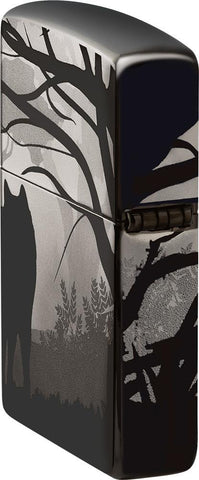 Briquet Zippo gris brillant loup hurlant à la lune dans la forêt motif à 360°, vue de côté arrière