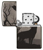 Briquet Zippo gris brillant loup hurlant à la lune dans la forêt motif à 360°, ouvert