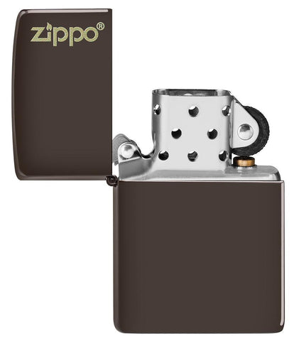 Briquet Zippo marron mat avec logo Zippo, ouvert