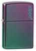 Vue de face 3/4 briquet Zippo vert violet avec logo Zippo