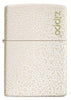 Vue de face briquet Zippo Mercury Glass blanc or moucheté avec logo Zippo