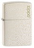 Vue de face 3/4 briquet Zippo Mercury Glass blanc or moucheté avec logo Zippo