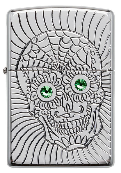 Vue de face briquet Zippo avec gravure profonde tête de mort et yeux en éléMen,ts Swarovski