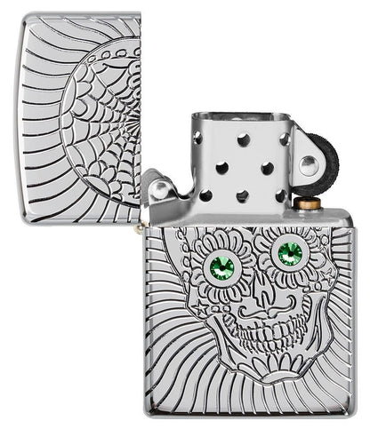 Briquet Zippo avec gravure profonde tête de mort et yeux en éléMen,ts Swarovski