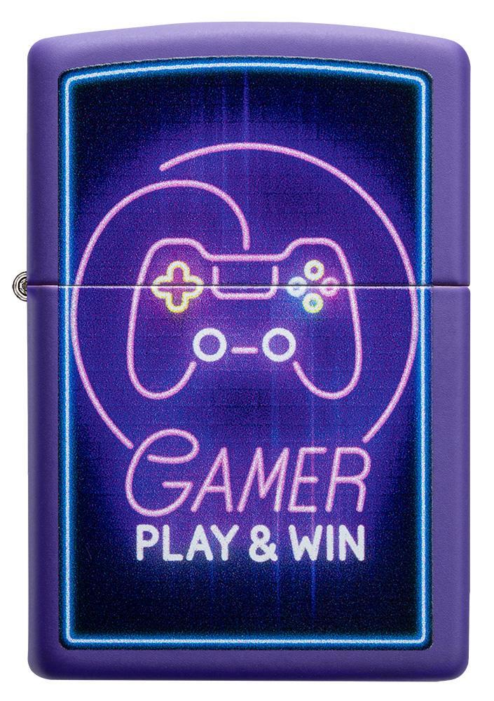 Vue de face briquet Zippo violet avec manette et lettrage Play & Win