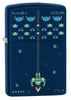 Vue de face 3/4 briquet Zippo bleu avec scène de jeu vidéo