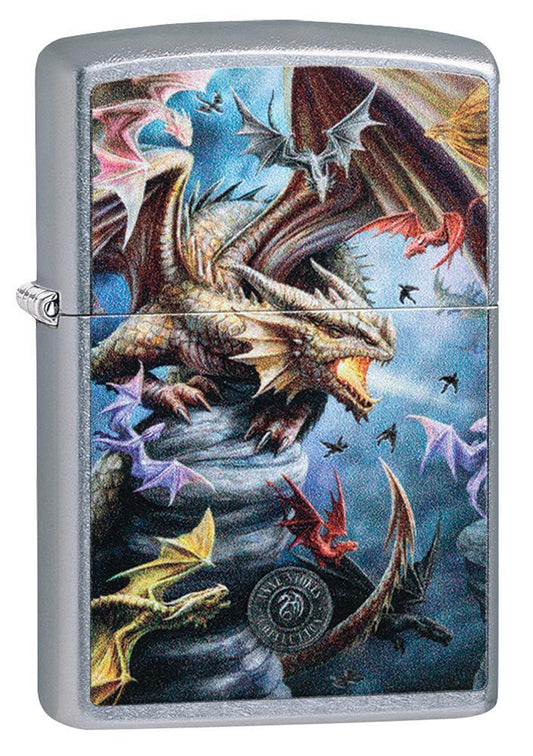 Vue de face 3/4 briquet Zippo attaque de dragons colorés