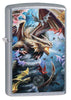 Vue de face 3/4 briquet Zippo attaque de dragons colorés