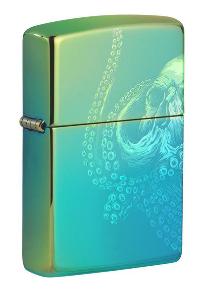 Vue de face 3/4 briquet Zippo High Polish Teal 360° Photo Image avec pieuvre géante 