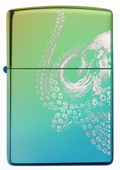 Vue de face briquet Zippo High Polish Teal 360° Photo Image avec pieuvre géante