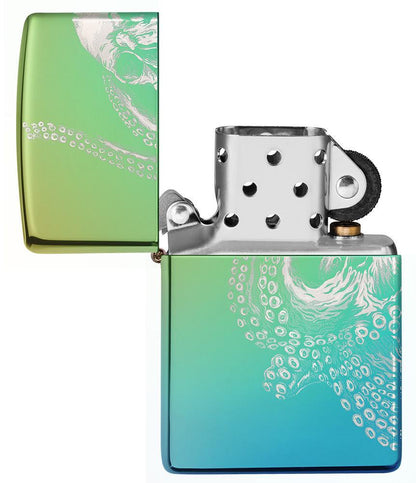 Vue de face briquet Zippo High Polish Teal 360° Photo Image avec pieuvre géante, ouvert