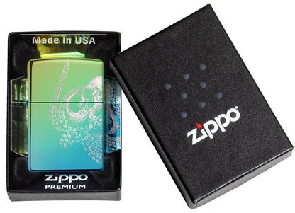 Vue de face briquet Zippo High Polish Teal 360° Photo Image avec pieuvre géante dans une boîte cadeau ouverte