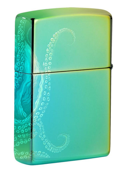Vue de côté briquet Zippo High Polish Teal 360° Photo Image avec pieuvre géante