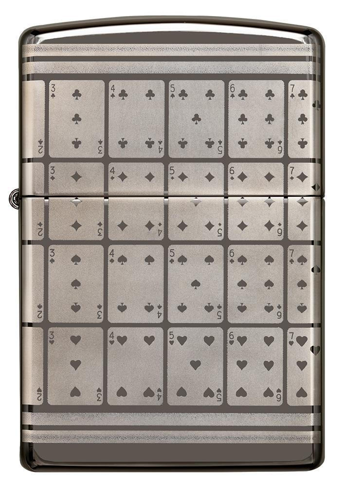 Vue de face briquet Zippo Black Ice avec motif cartes à jouer