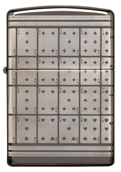 Vue de face briquet Zippo Black Ice avec motif cartes à jouer