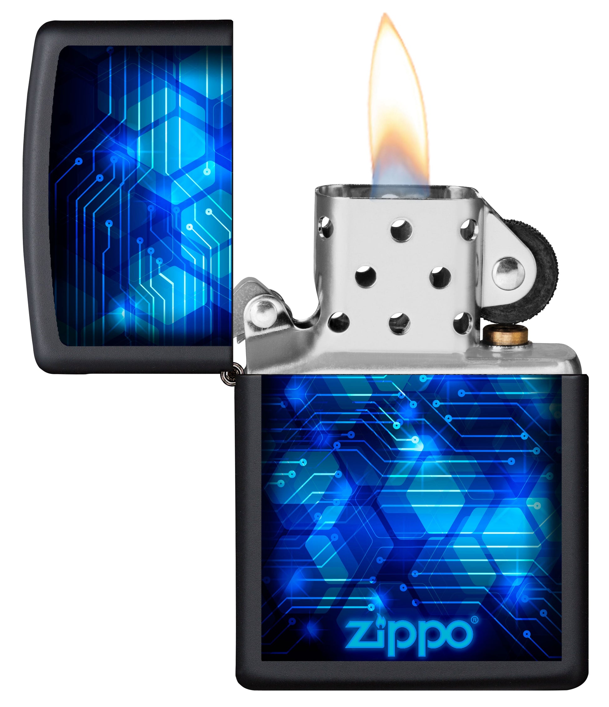 Vista frontal del mechero a prueba de viento Zippo Blue Design abierto, con llama