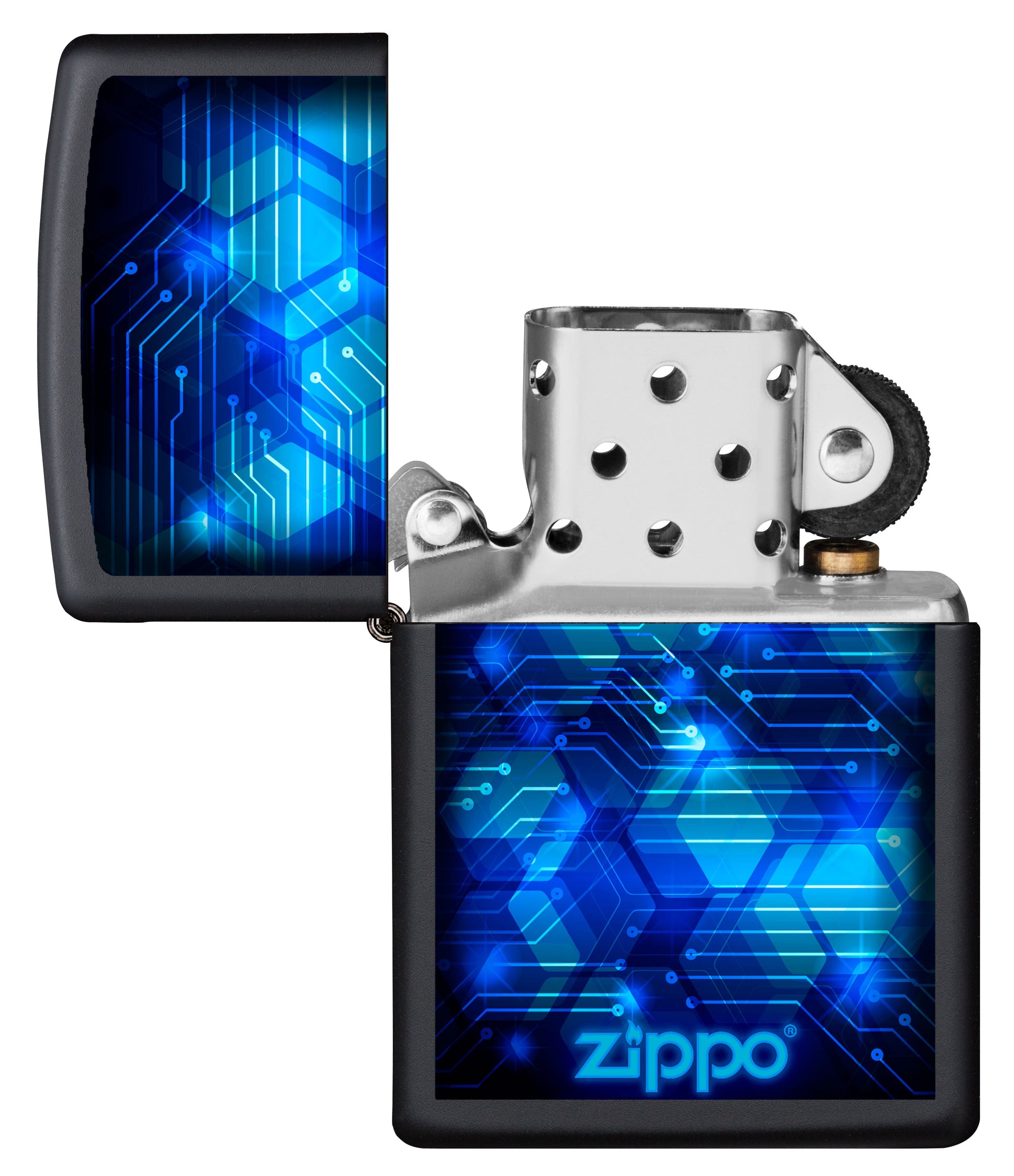 Vista frontal del mechero a prueba de viento Zippo Blue Design apagado, sin llama