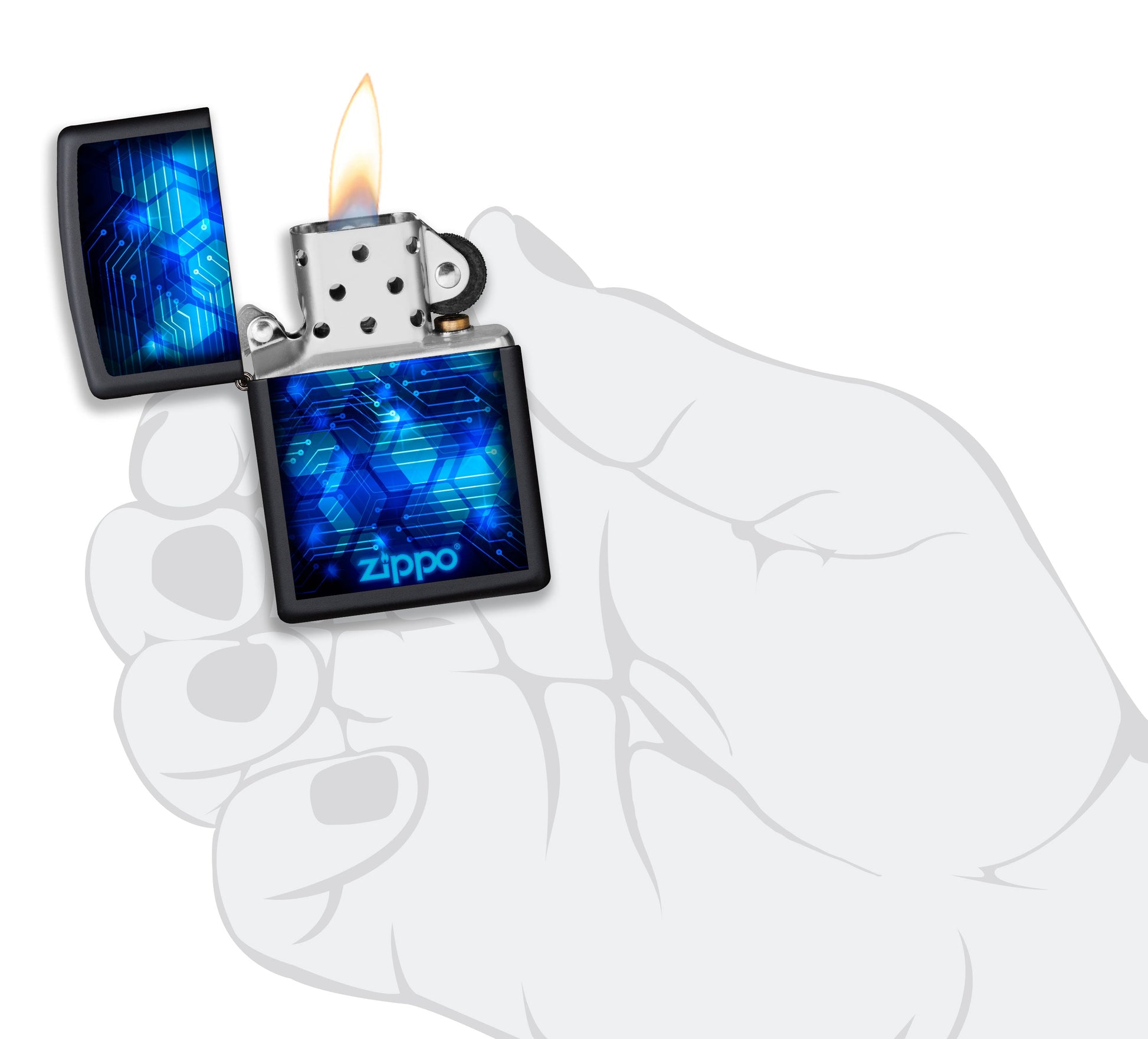 Mechero a prueba de viento Zippo Blue Design en una mano para representar el tamaño del mechero