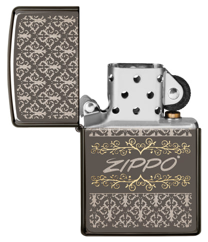 Vista frontal del mechero a prueba de viento Zippo Baroque Design apagado, sin llama