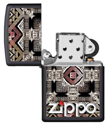 Vista frontal del mechero a prueba de viento Zippo Tribal Design apagado, sin llama
