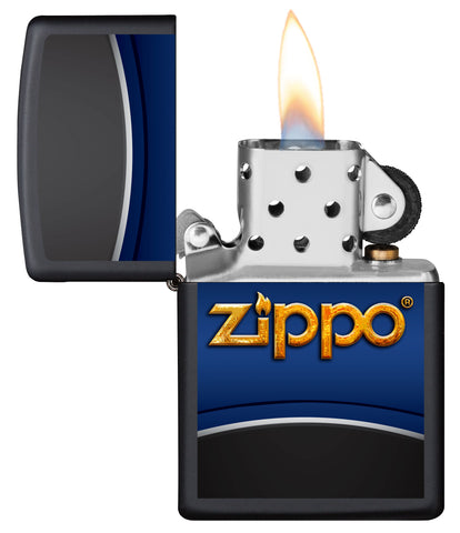 Vista frontal del mechero a prueba de viento Zippo Design abierto, con llama