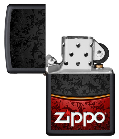 Vista frontal del mechero a prueba de viento Zippo Red Black Design apagado, sin llama