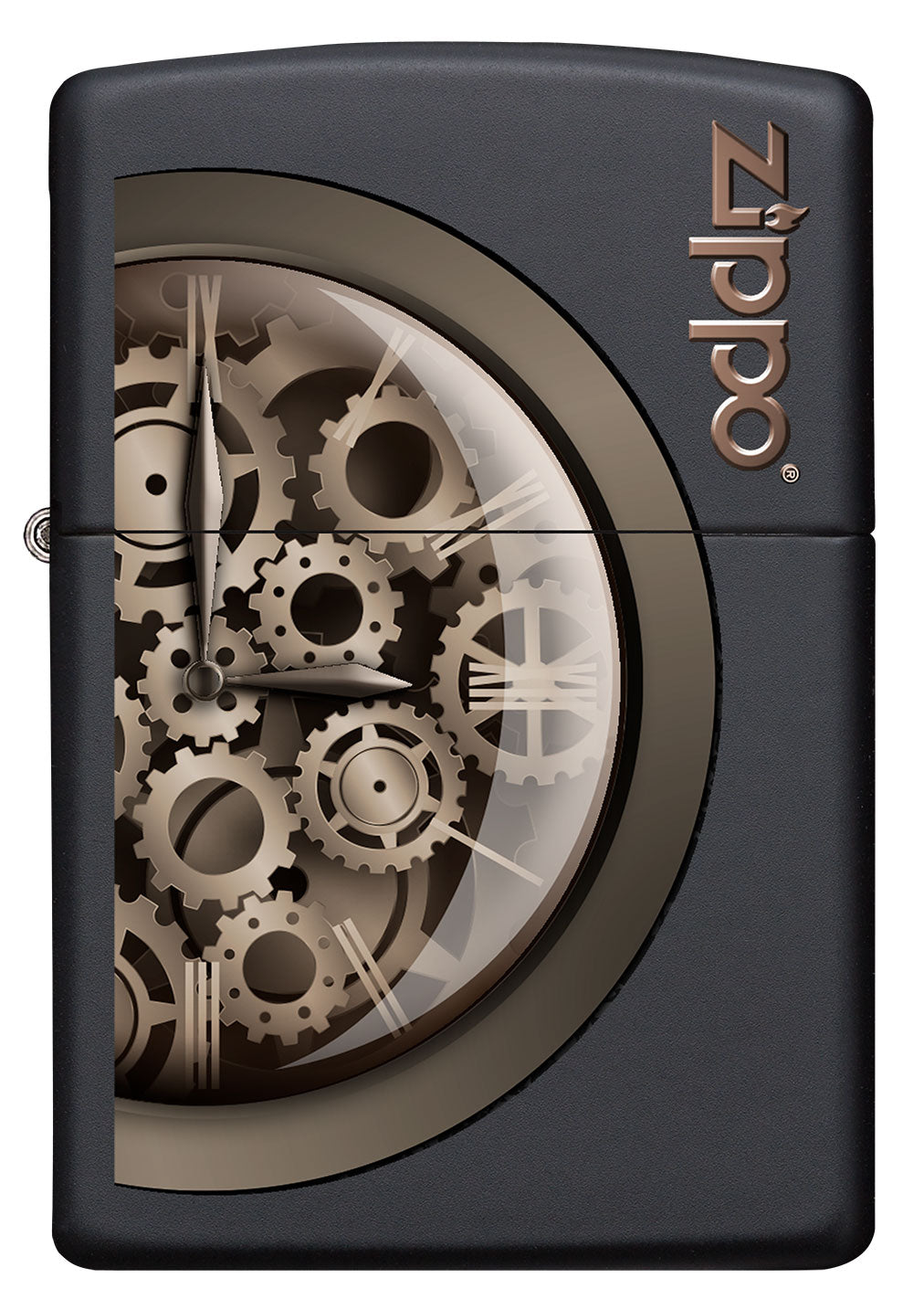 Vista frontal del mechero a prueba de viento Zippo Steampunk Design
