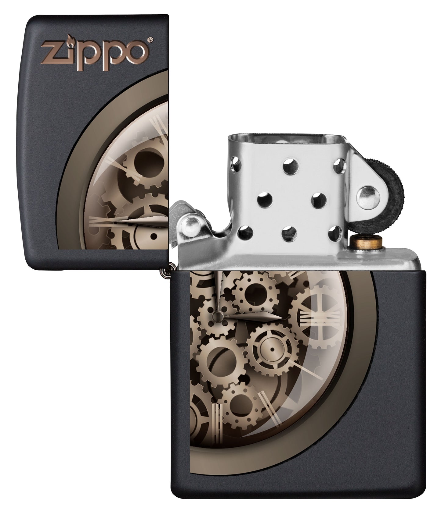 Vista frontal del mechero a prueba de viento Zippo Steampunk Design apagado, sin llama