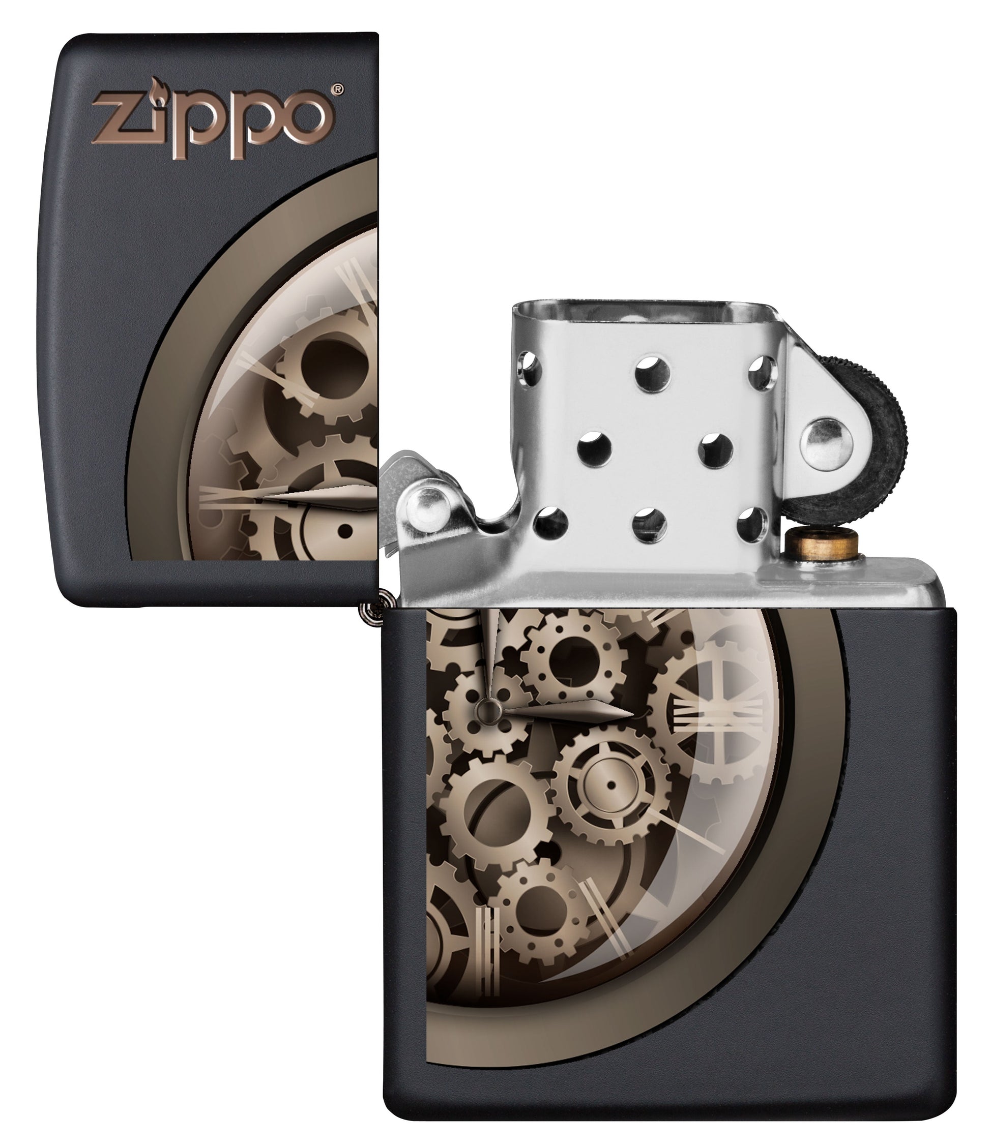 Vista frontal del mechero a prueba de viento Zippo Steampunk Design apagado, sin llama