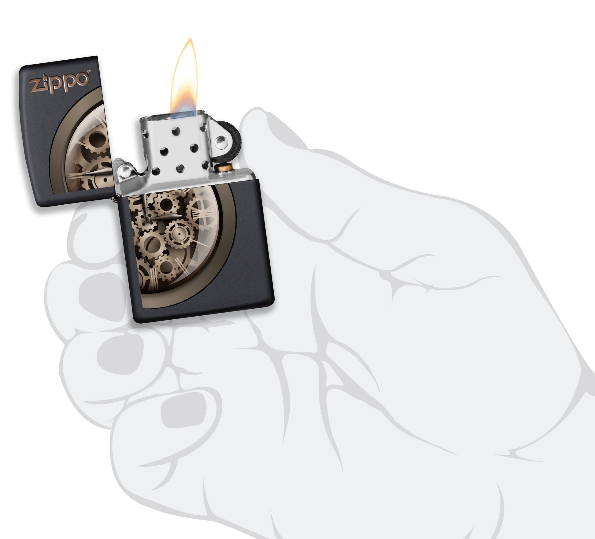 Mechero a prueba de viento Zippo Steampunk Design en una mano para representar el tamaño del mechero