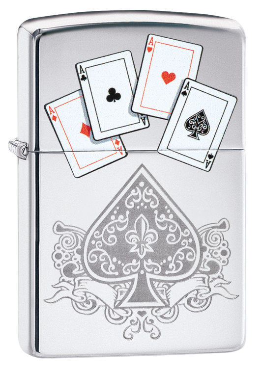 Vista de tres cuartos del mechero a prueba de viento Zippo Aces Design