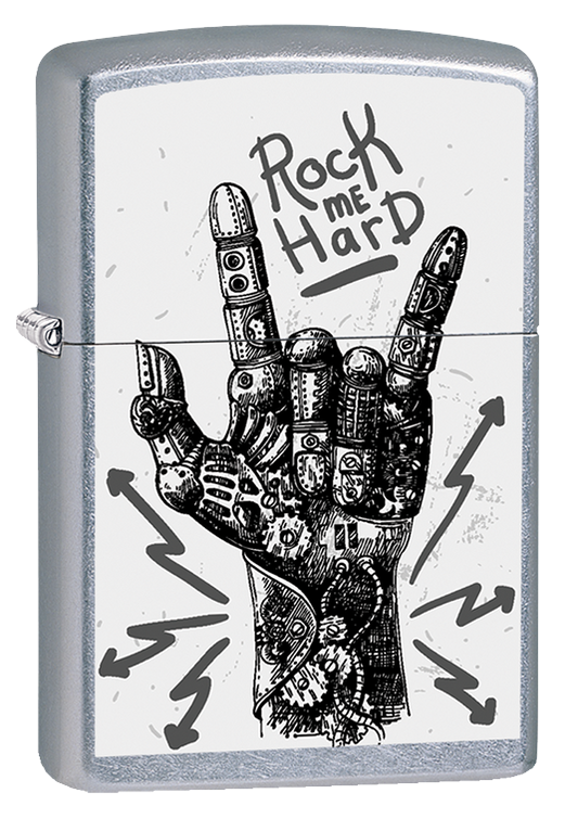 Vista de tres cuartos del mechero a prueba de viento Zippo Rock Hand Design
