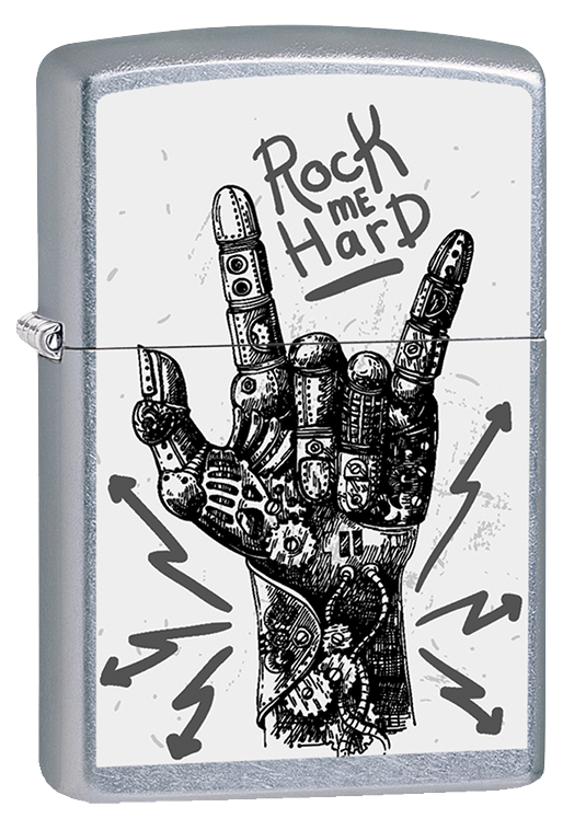 Vista de tres cuartos del mechero a prueba de viento Zippo Rock Hand Design