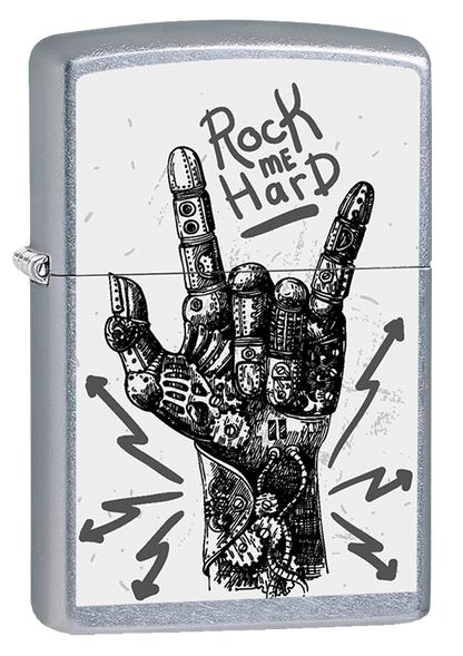 Vista de tres cuartos del mechero a prueba de viento Zippo Rock Hand Design