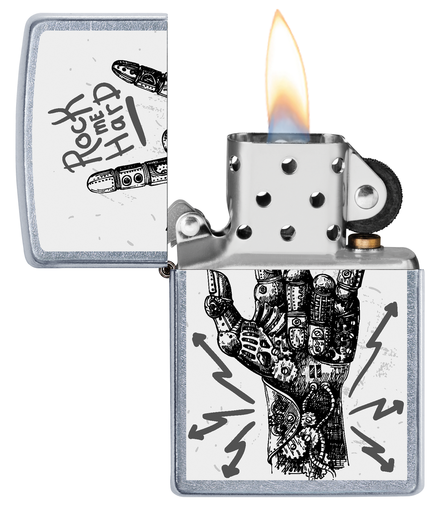 Vista frontal del mechero a prueba de viento Zippo Rock Hand Design abierto, con llama