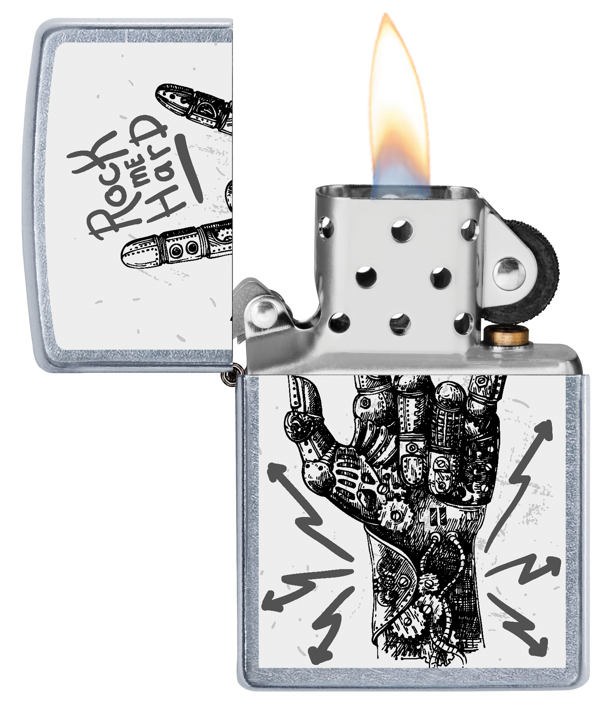 Vista frontal del mechero a prueba de viento Zippo Rock Hand Design abierto, con llama