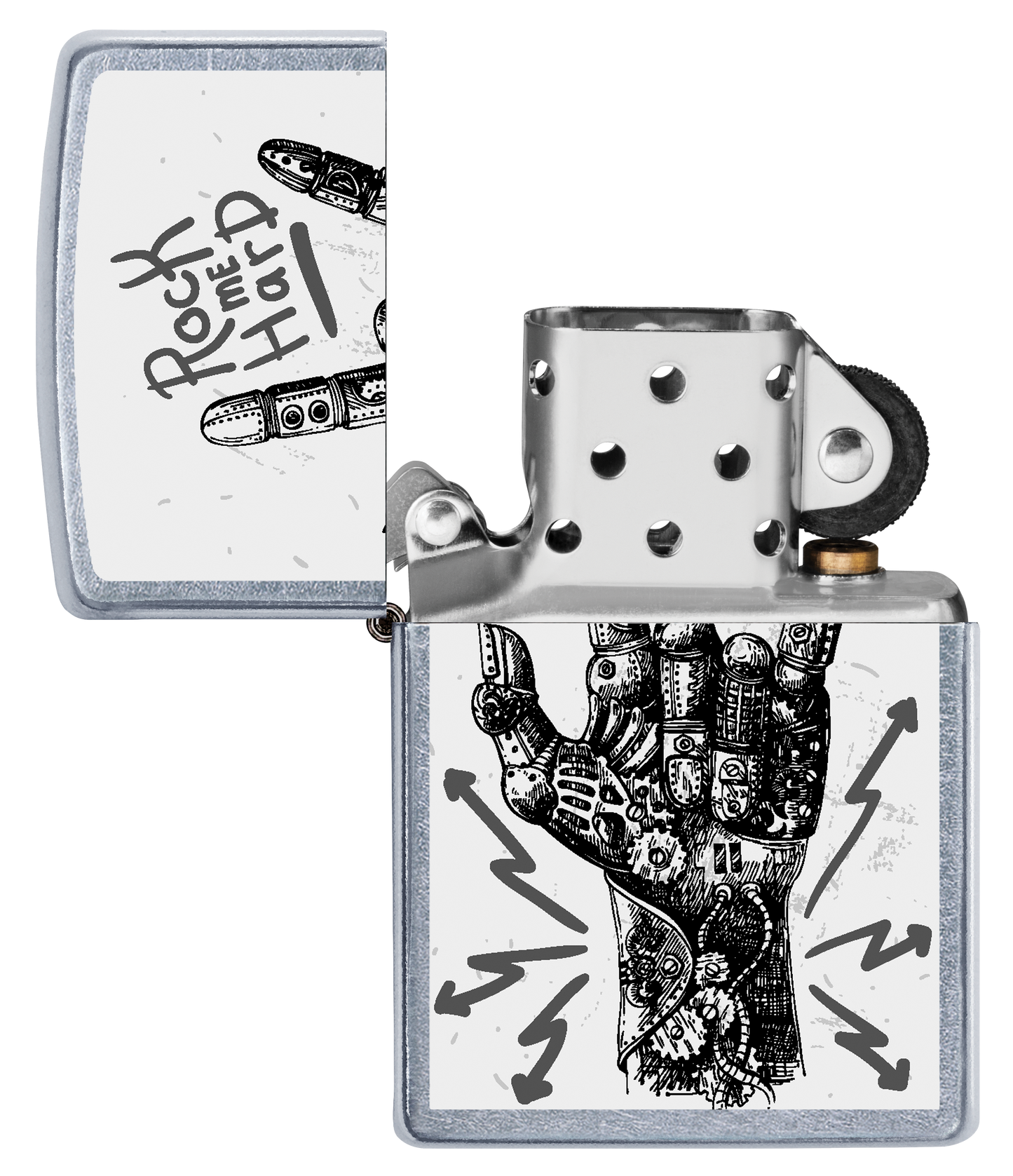 Vista frontal del mechero a prueba de viento Zippo Rock Hand Design apagado, sin llama