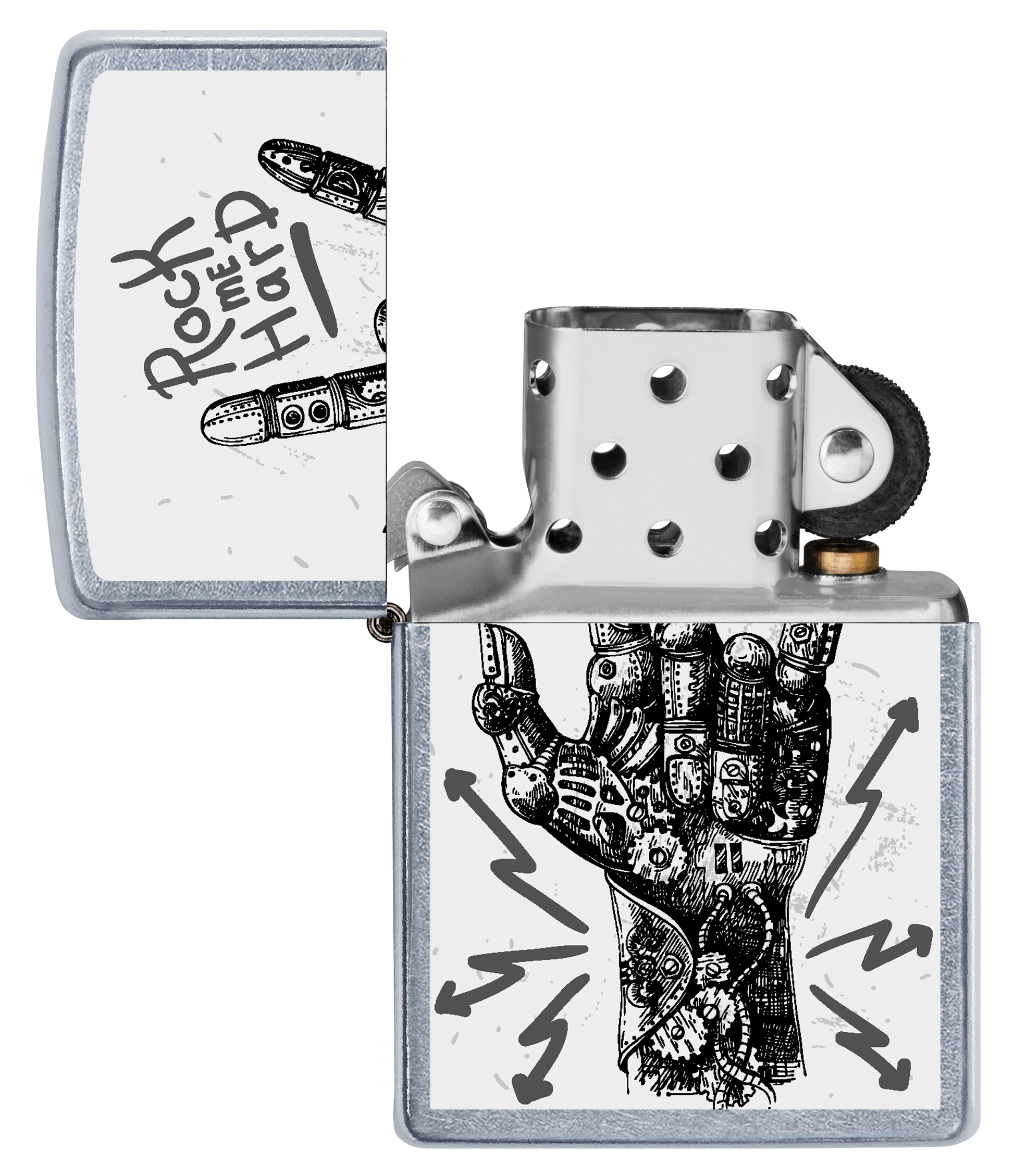 Vista frontal del mechero a prueba de viento Zippo Rock Hand Design apagado, sin llama
