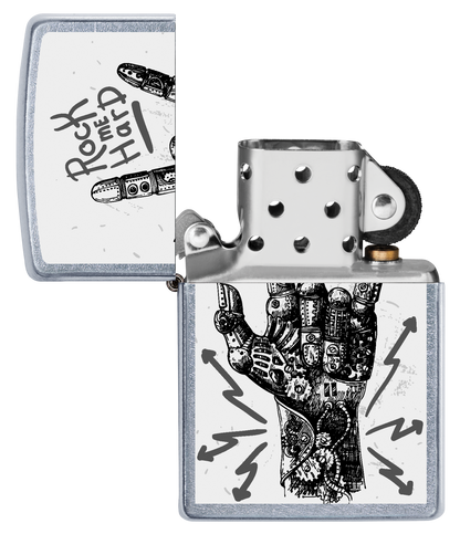 Vista frontal del mechero a prueba de viento Zippo Rock Hand Design apagado, sin llama