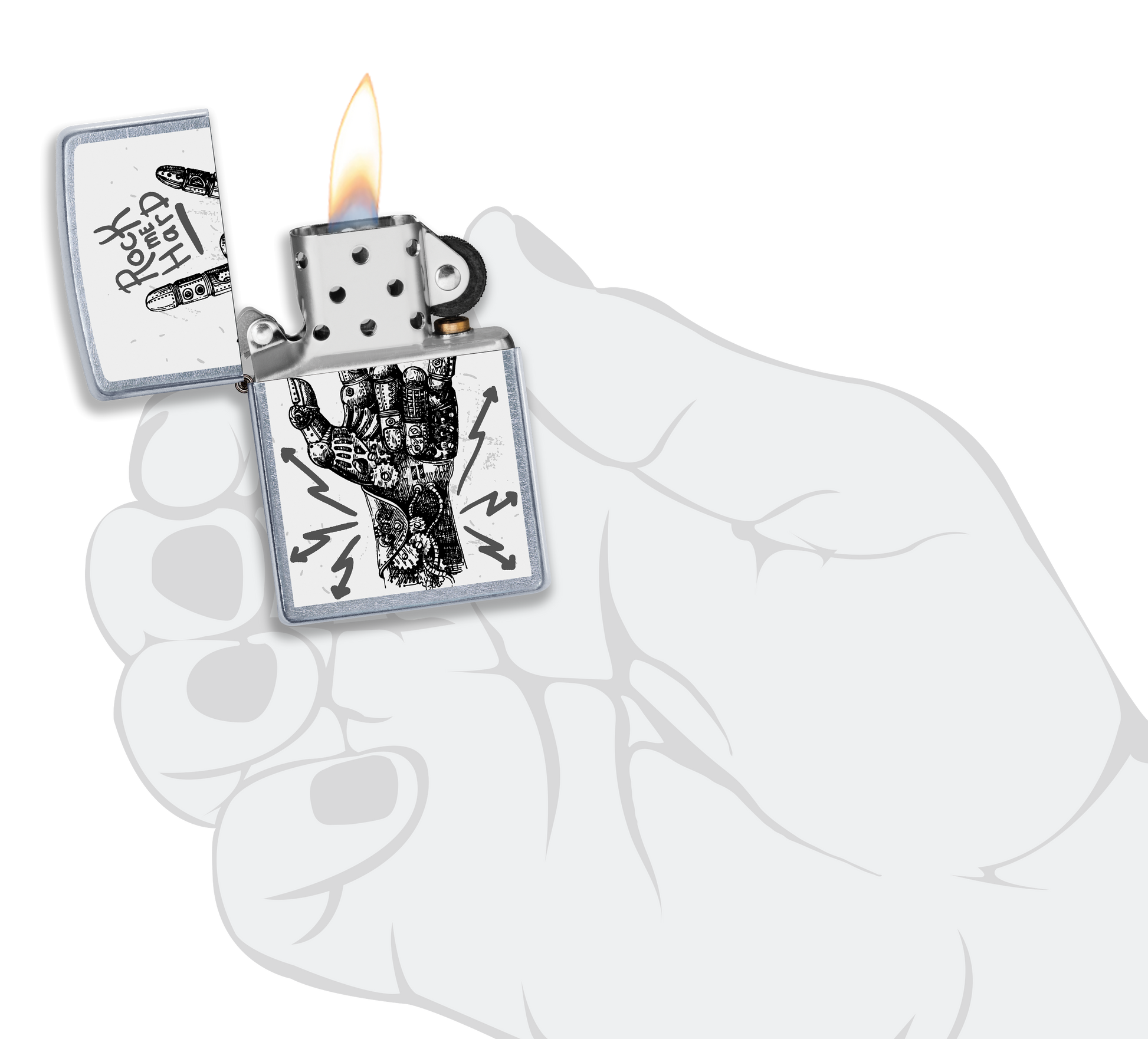 Mechero a prueba de viento Zippo Rock Hand Design en una mano para representar el tamaño del mechero
