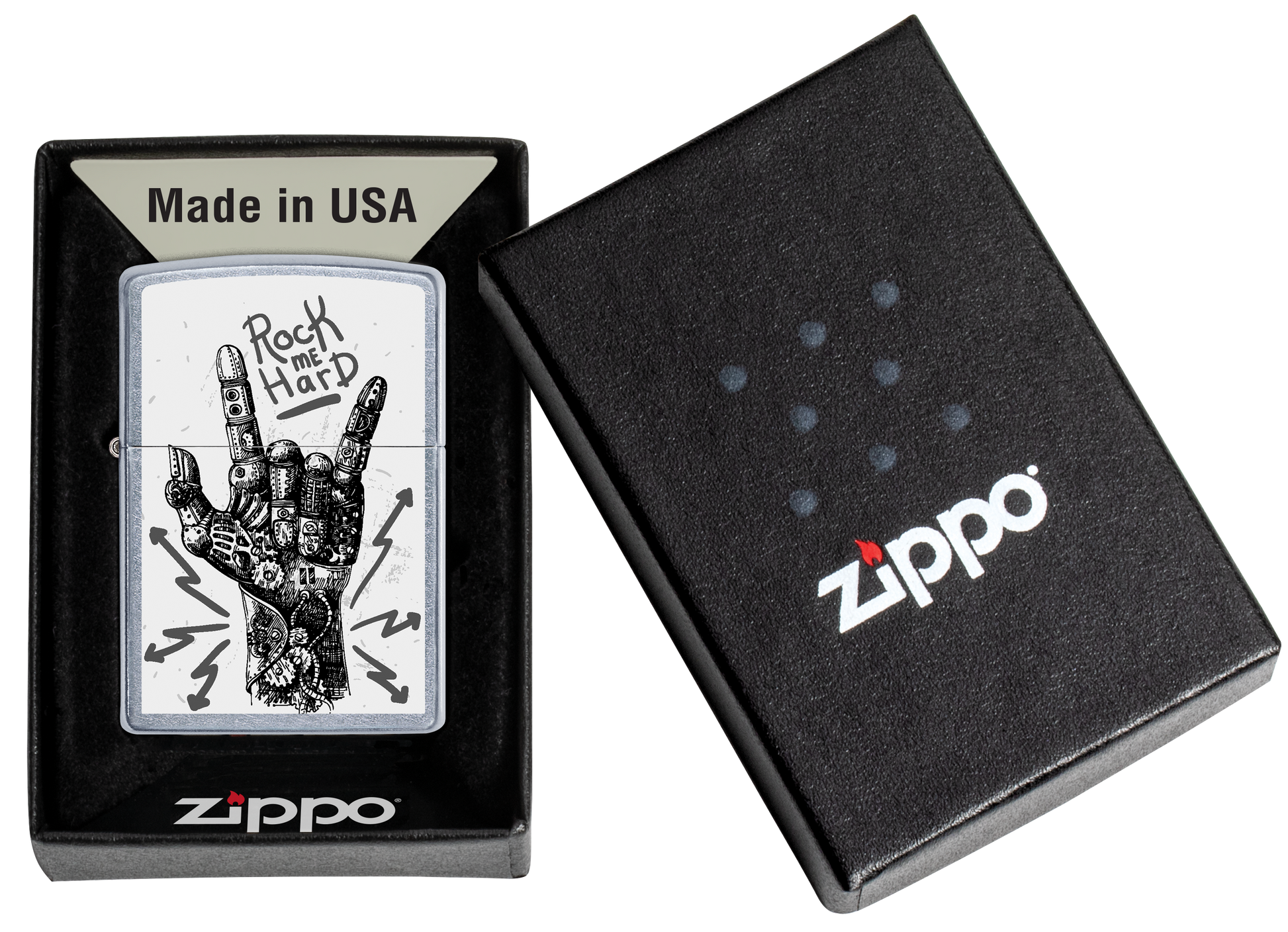 Mechero a prueba de viento Zippo Rock Hand Design en su caja de regalo