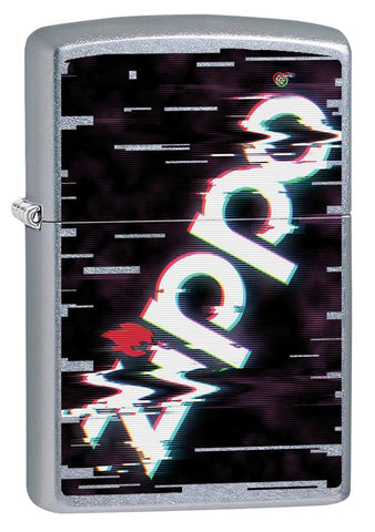 Vue de face 3/4 briquet Zippo street chrome avec logo Zippo multicolore