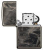 Vue de face briquet Zippo avec logo de sirène mystique, ouvert