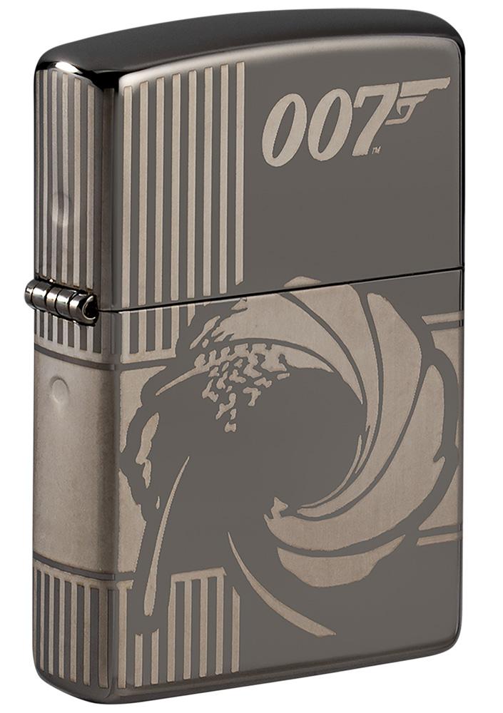 Vue de face 3/4 briquet Zippo gris brillant James Bond 007