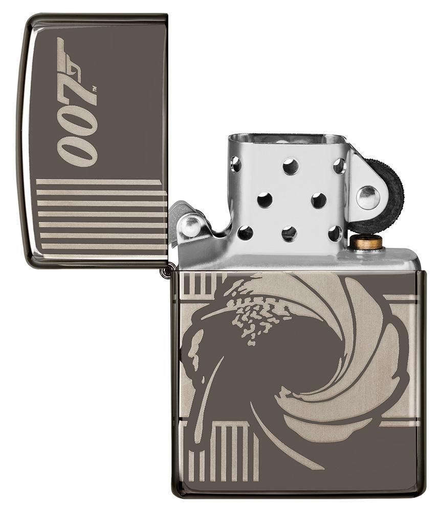 Vue de face briquet Zippo gris brillant James Bond 007, ouvert