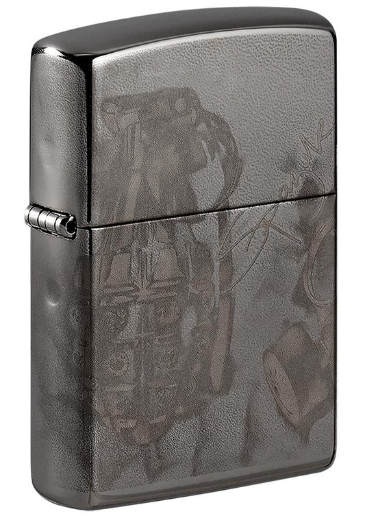 Vue de face 3/4 briquet Zippo noir haute brillance avec motif de l'artiste Spazuk