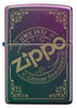Vue de face briquet Zippo iridescent mat avec estampe du logo Zippo gravé au laser